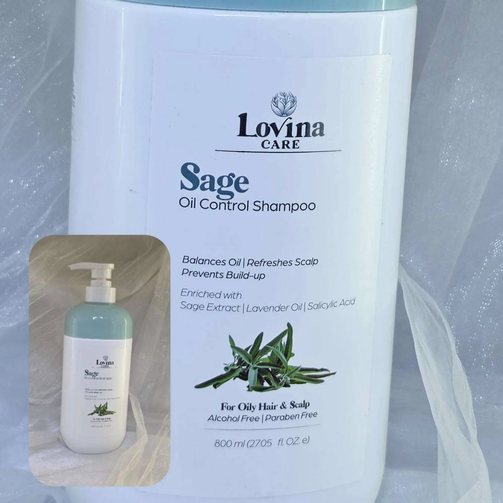 شامبو الميرمية للتحكم بالزيوت وتنظيف الفроوة الدهنية بحجم توفيري 800 مل من لوفينا كير (Lovina Care Sage Oil Control Shampoo - 800ml)