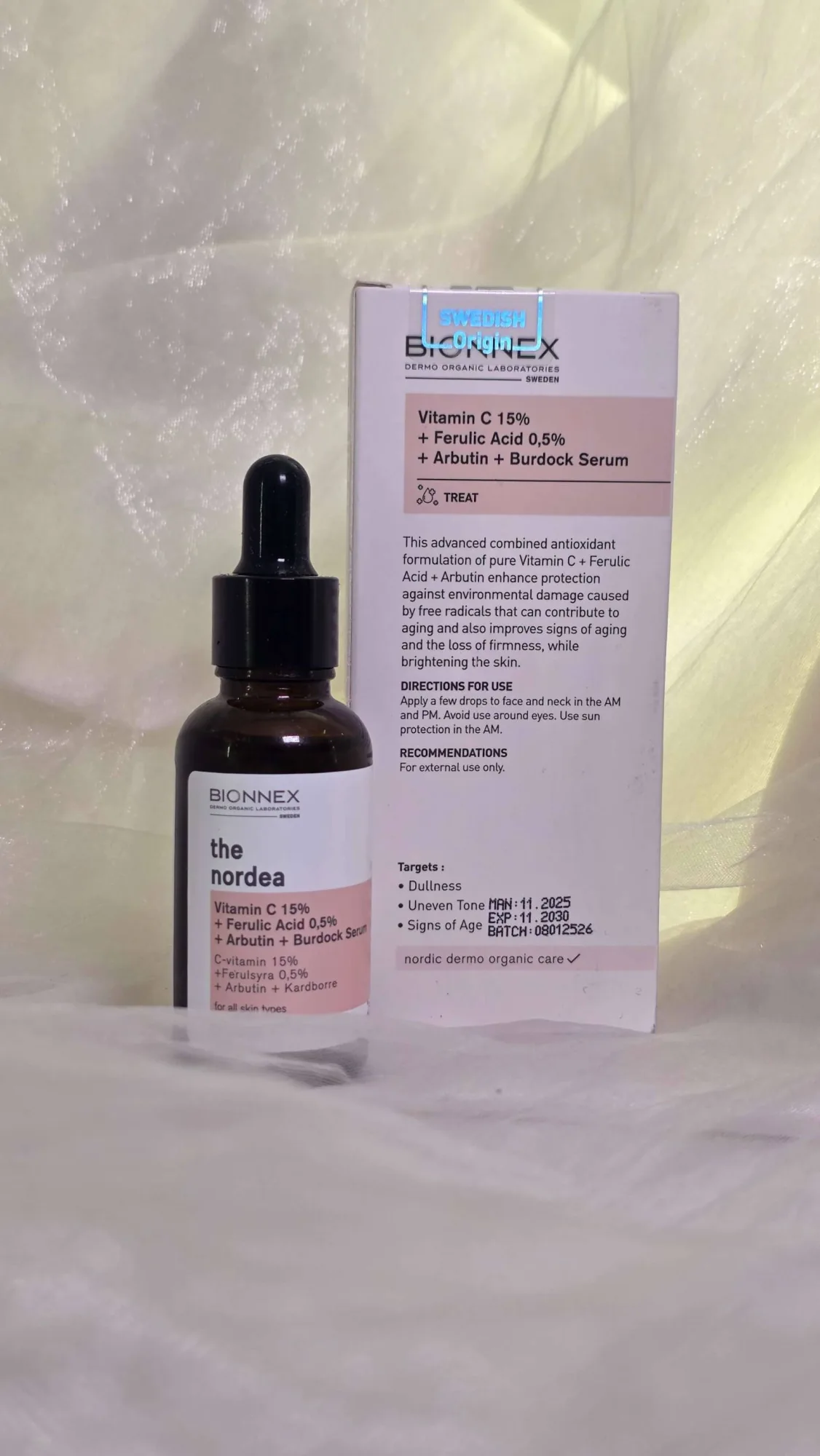 سيروم ذا نورديا الطبي فيتامين C 15% المطور لتفتيح البشرة ومكافحة الشيخوخة من بيونكس (BIONNEX The Nordea Vitamin C 15% + Ferulic Acid 0.5% + Arbutin + Burdock Serum)